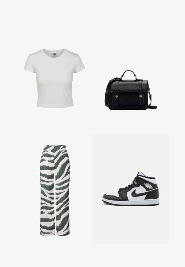 Witte katoenen t-shirt met een klassieke ronde hals, korte mouwen en een getailleerde vorm. Geen patronen of accenten zichtbaar.; Brede pijpen van een lichtgewicht stof, met een groen en wit zebra-strik patroon. Elastische tailleband met een relaxed fit.; Hoge basketbalschoenen in zwart en wit leer, met perforaties op de neus, een Nike-swoosh en een vleugellogo op de enkel.; Zwarte leren schoudertas met een gestructureerd ontwerp, handvat bovenaan, verstelbare schouderband, voorklep en metalen accenten. Voorzien van branding aan de voorkant.