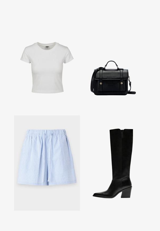 Valkoinen puuvillapaita, jossa on klassinen pyöreä kaula-aukko, lyhyet hihat ja kiinteä malli. Ei näkyviä kuvioita tai yksityiskohtia.; Vaaleansiniset raidalliset shortsit, joissa on elastinen vyötärö ja narutiedot. Valmistettu pehmeästä kankaasta, jossa on rento istuvuus ja pleatattu muotoilu.; Mustat polvimittaiset saappaat, jotka on valmistettu sileästä nahasta. Saappaissa on terävä kärki, tukevat korko ja V-muotoinen leikkaus ylhäällä.; Musta nahkainen olkalaukku, jossa on rakenteellinen muotoilu, ylhäältä kantohihna, säädettävä olkahihna, etulevy ja metallikoristeet. Edessä brändäys.