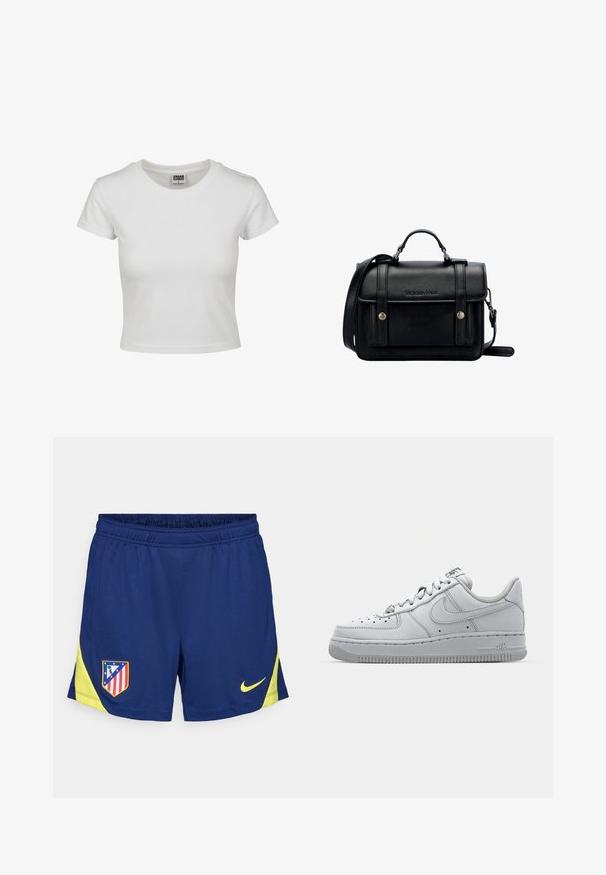 Witte katoenen t-shirt met een klassieke ronde hals, korte mouwen en een getailleerde vorm. Geen patronen of accenten zichtbaar.; Marineblauwe sportshorts met gele accenten, voorzien van een elastische tailleband en zij-inzetten. Geborduurd clublogo op de linker dij.; Witte leren sneaker met een low-top ontwerp, ronde neus, geperforeerde details en een getextureerde rubberen zool. Heeft grijze accenten op de tong.; Zwarte leren schoudertas met een gestructureerd ontwerp, handvat bovenaan, verstelbare schouderband, voorklep en metalen accenten. Voorzien van branding aan de voorkant.