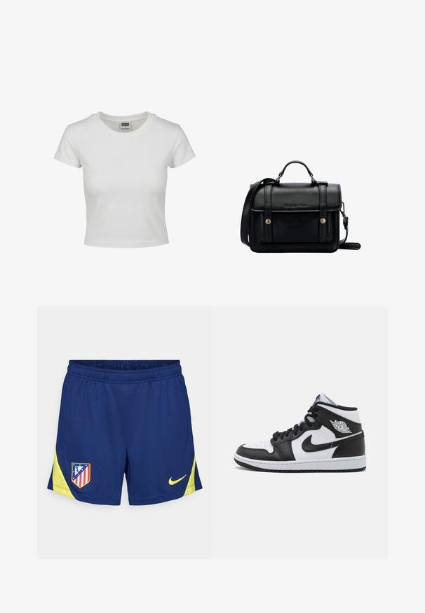 T-shirt en coton blanc avec un col rond classique, des manches courtes et une coupe ajustée. Aucun motif ni accent visible.; Shorts de sport bleu marine avec des accents jaunes, dotés d'une taille élastique et d'inserts latéraux. Logo du club brodé sur la cuisse gauche.; Baskets montantes en cuir noir et blanc, dotées de perforations sur la boîte à orteils, d'un swoosh Nike et d'un logo en aile sur la cheville.; Sacoche en cuir noir avec un design structuré, une poignée supérieure, une sangle réglable, un rabat avant et des accents en métal. Présente un logo à l'avant.