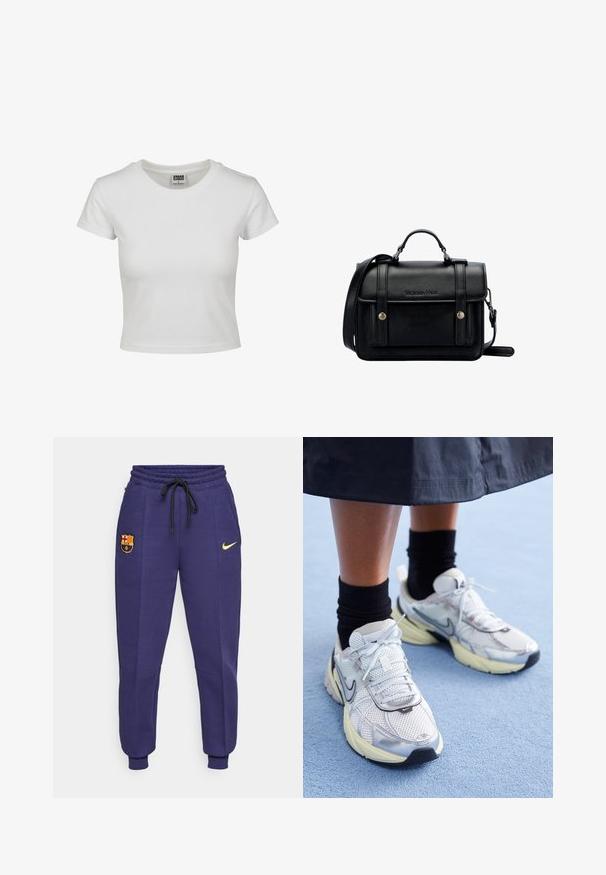 Witte katoenen t-shirt met een klassieke ronde hals, korte mouwen en een getailleerde vorm. Geen patronen of accenten zichtbaar.; Nike trainingsbroek in donkerpaars met een trekkoord in de taille, zijzakken en een geel logo. Bevat een geborduurd FC Barcelona-embleem.; Witte en zilveren Nike sneakers van meshstof, met reflecterende accenten en een beige zool. Gedragen met zwarte sokken, staand op een blauwe ondergrond.; Zwarte leren schoudertas met een gestructureerd ontwerp, handvat bovenaan, verstelbare schouderband, voorklep en metalen accenten. Voorzien van branding aan de voorkant.