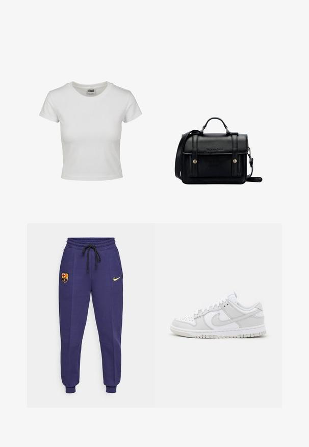 Weißes Baumwoll-T-Shirt mit klassischem Rundhalsausschnitt, kurzen Ärmeln und slim-fit Schnitt. Keine Muster oder Akzente sichtbar.; Nike Jogginghose in Dunkelpurpur mit einem Kordelzugbund, Seitentaschen und einem gelben Logo. Mit einem gestickten FC Barcelona Wappen.; Weiße Leder-Sneaker mit grauen Akzenten, perforierter Zehenpartie, flachen Schnürsenkeln, gepolstertem Kragen und einer strukturierten Gummi-Sohle.; Schwarze Leder-Crossbody-Tasche mit strukturiertem Design, oberem Griff, verstellbarem Tragegurt, Vorderklappe und Metallelementen. Mit Branding auf der Vorderseite.