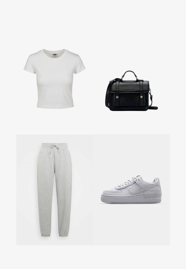 Bílý bavlněný tričko s klasickým kulatým výstřihem, krátkými rukávy a přiléhavým střihem. Žádné vzory ani akcenty nejsou viditelné.; Šedé tepláky s elastickým pasem, nastavitelným šňůrkou a žebrovanými manžetami. Vyrobeny z měkké látky; mají dvě boční kapsy.; Šedá teniska Nike Air Force 1 s perforovanou špičkou, hladkým koženým svrškem, silnou podrážkou aembosovaným detailem 'AIR' na patě.; Černá kožená kabelka přes rameno se strukturovaným designem, vrchní rukojetí, nastavitelným popruhem, přední klopou a kovovými akcenty. Na přední straně obsahuje logo.