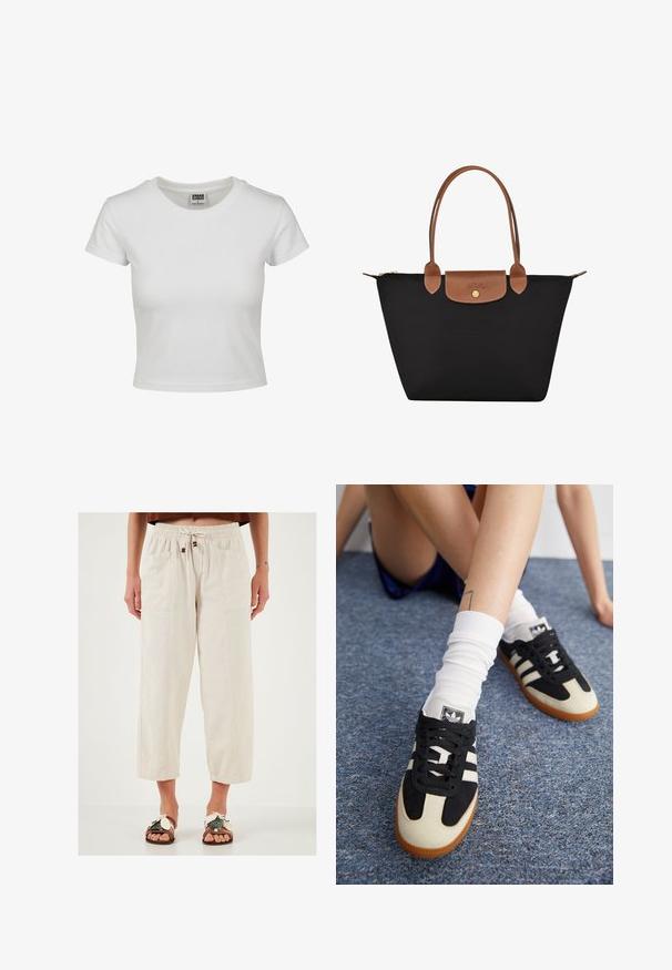 Weißes Baumwoll-T-Shirt mit klassischem Rundhalsausschnitt, kurzen Ärmeln und slim-fit Schnitt. Keine Muster oder Akzente sichtbar.; Beige, leichte weit geschnittene Hosen mit elastischem Bund, Kordelzug und zwei vorderen Taschen. Texturiertes Material mit bequemer Passform.; Schwarz-weiße Sportschuhe mit einem Obermaterial aus Wildleder und Leder, ausgestattet mit drei weißen Streifen und einer Gummisohle. Paar mit weißen Socken getragen.; Schwarze Nylon-Tote-Tasche mit braunen Lederakzenten und -griffen. Verfügt über einen Druckverschluss und eine Fronttasche mit einem Logo-Detail.