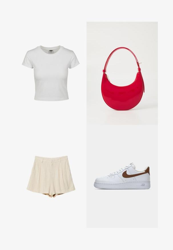 White cotton t-shirt with a classic crew neck, short sleeves, and a fitted shape. No patterns or accents visible.; Beige linen shorts with pleats, a flat waistband, and side pockets. The fabric has a soft texture and a tailored, straight cut.; White Nike Air Force 1 sneaker with brown swoosh and heel tab, viewed from the outer side on a plain white background.; Red patent leather handbag with a curved silhouette, a short handle, and a zippered closure, featuring a smooth, glossy texture.