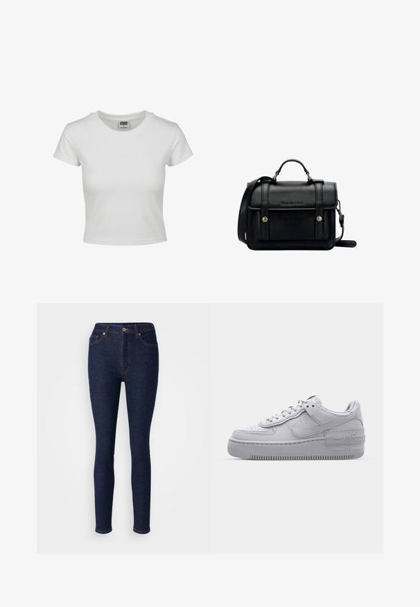 Camiseta de algodón blanca con cuello redondo clásico, mangas cortas y forma ajustada. Sin patrones ni acentos visibles.; Vaqueros de mezclilla azul oscuro de corte slim, con una cinturilla clásica, diseño de cinco bolsillos y detalles de costura sutiles.; Zapatilla Nike Air Force 1 gris con puntera perforada, parte superior de cuero suave, suela gruesa y detalle en relieve 'AIR' en el talón.; Bolso de hombro de cuero negro con un diseño estructurado, asa superior, correa ajustable, tapa frontal y acentos metálicos. Presenta la marca en la parte delantera.