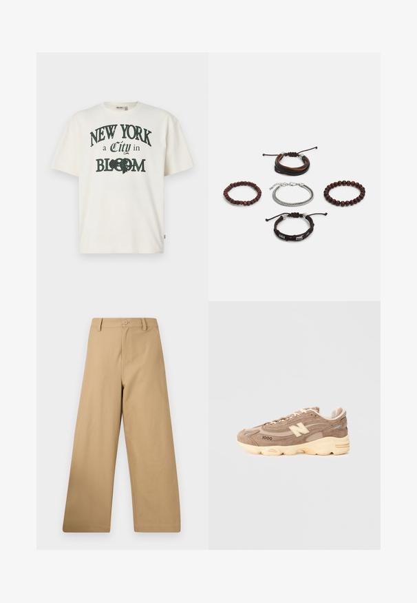 Kremfarget bomull t-skjorte med kort erm, med et trykt design som sier "NEW YORK en by i BLOOM" i mørkegrønn.; Videbukser i lysebrun stoff, med knappe-lukking, belte-løkker, og en glatt tekstur uten synlige mønstre.; Brune semskede joggesko med en polstret kremfarget såle, med beige detaljer, teksturerte paneler og en fremtredende logo på siden.; Sett med fem armbånd som inkluderer brunt lær, treperler og en sølvkjede; ulike teksturer og former, med justerbare lukkinger.