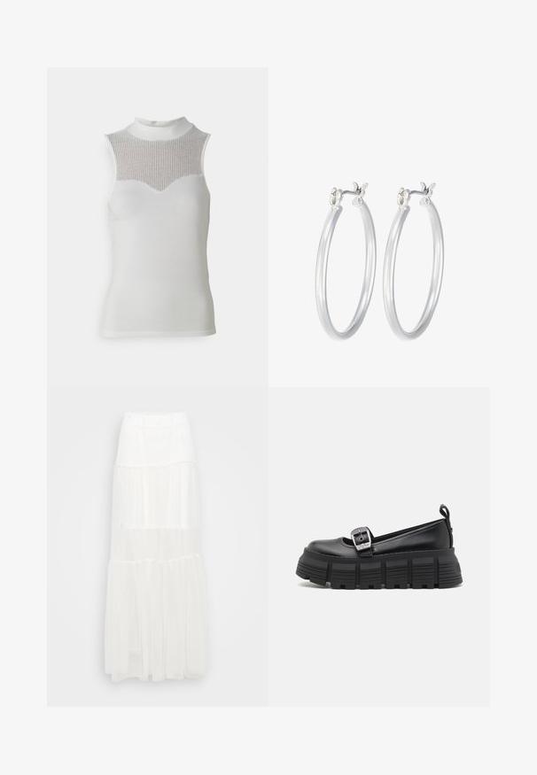 Balts bez piedurknēm tops ar augstu kakla izgriezumu, ar teksturētu ribotu paneli krūšu daļā un gludu korpusu, radot piegādes siluetu.; Balta tierēta maksi svārki ar elastīgu jostu. Izgatavoti no viegla auduma, satur puscaurspīdīgus slāņus un plūstošu dizainu.; Melni platforma loafers ar noapaļotu purngalu, gludu ādas virsu, regulējamu sprādzi un teksturētu gumijas zoli ar horizontālām ribām.; Sudraba riņķveida auss gredzeni ar gludu, pulētu apdari. Apaļa forma un drošs klikšķa augšējais slēgums. Viegls dizains, kas piemērots ikdienas valkāšanai.