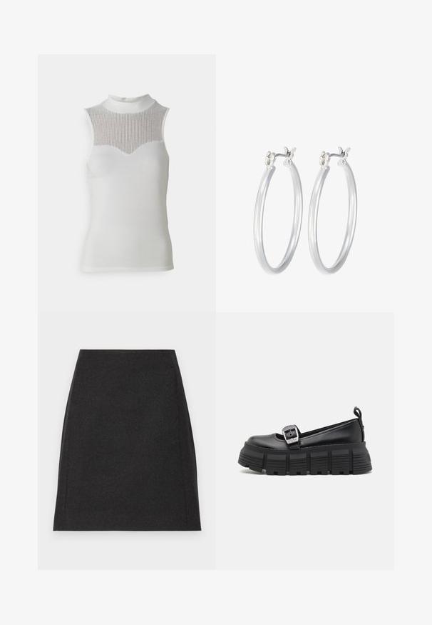 Valge ilma varrukateta pluus kõrge kaelusega, millel on tekstureeritud soonikkoht rinnaosas ja sile kehaosa, luues keha järgiv silueti.; Must must olema mustast villast mini seelik, millel on sirge siluett, sile tekstuur ja peened külgõmblused. Pole nähtavaid kinnitusi ega mustreid.; Mustad platvormi loafers musta värvi, ümmarguse varba, sileda nahast ülaosa, reguleeritava pandlaga ja tekstuuriga kummist tallaga, millel on horisontaalsed sooned.; Hõbedased rõngaskõrvarõngad, millel on sile, läikiv viimistlus. Ümmargune kuju ja turvaline klõpsulatus. Kerge disain, sobib igapäevaseks kandmiseks.