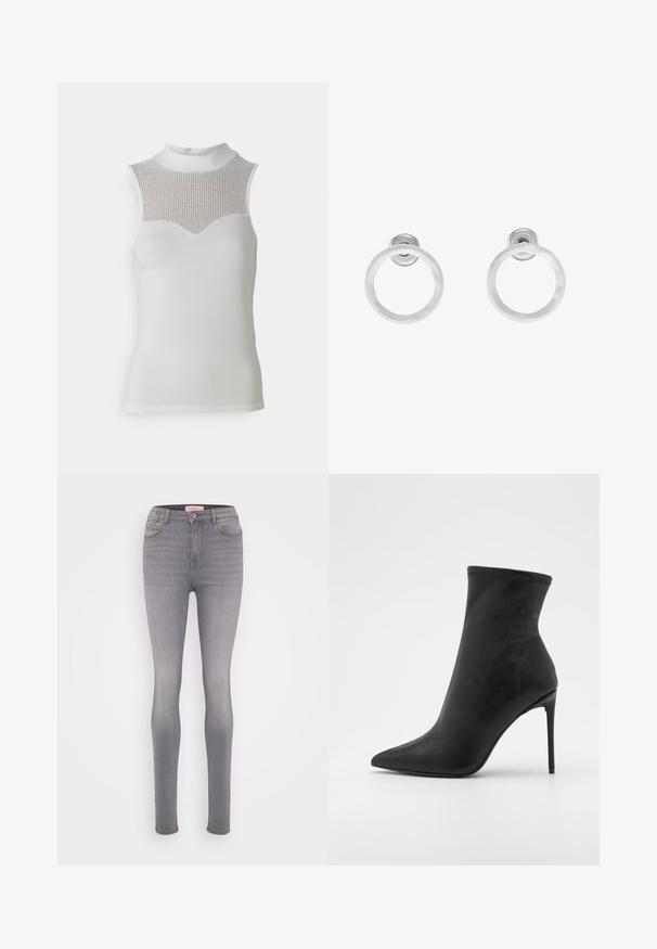 Bílý bezrukávový top s vysokým krkem, který má texturovanou žebrovanou panel na hrudi a hladké tělo, vytvářející přiléhavý siluetu.; Džíny skinny s vysokým pasem v světle šedé denimové barvě, s hladkou texturou, pěti kapsami a jemnými detaily šití.; Černé kotníkové boty vyrobené z hladké umělé kůže, s špičatou špičkou a tenkým jehlovým podpatkem. Elegantní, přiléhavý design bez viditelného hardwaru.; Stříbrné kovové kruhové náušnice s broušenou texturní úpravou, s kulatým designem a průhledným záznamem pro bezpečné nošení.
