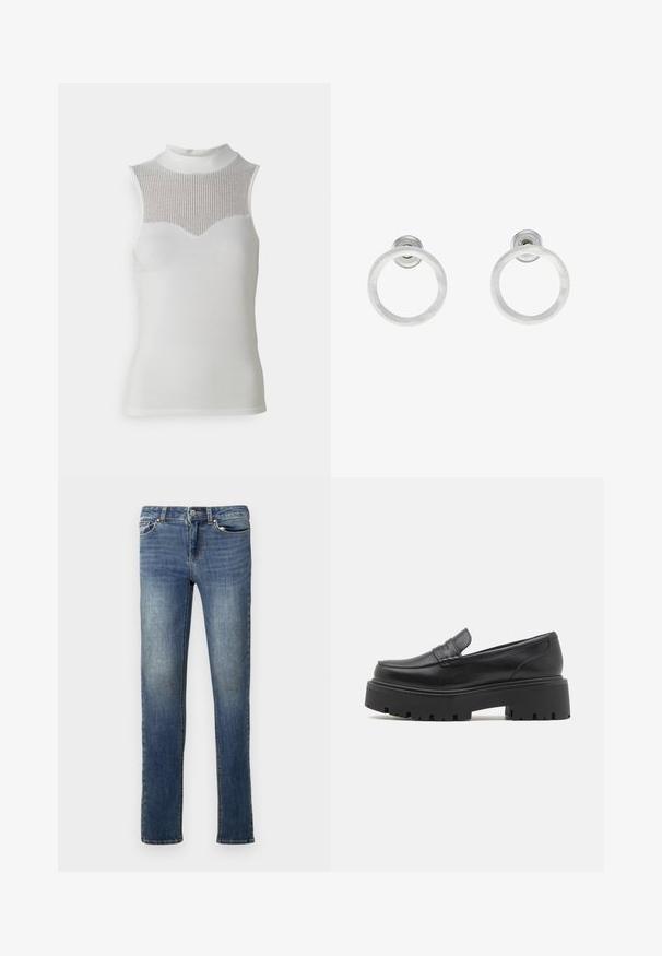Bijela bezrukava majica s visokim ovratnikom, sa teksturiranim rebrastim panelom na prsima i glatkim dijelom tijela, što stvara uski izgled.; Tamno plave traperice sa ravnim fitom. Sadrže petlje za remen, dva prednja džepa i suptilno izbljeđivanje. Klasičan dizajn s pet džepova.; Crne kožne mokasine s niskim, debelim gumenim potplatom, šivanim detaljima na gornjem dijelu i glatkom teksturom.; Srebrne metalne naušnice u obliku prstena s brušenom teksturom, s kružnim dizajnom i prozirnom vrstom kopče za sigurno nošenje.