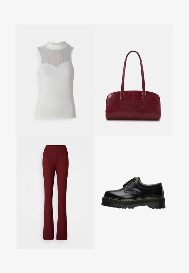 Bílý bezrukávový top s vysokým krkem, který má texturovanou žebrovanou panel na hrudi a hladké tělo, vytvářející přiléhavý siluetu.; Bordové rozšířené kalhoty s ribovanou texturou, s elastickým pasem a celkovým délkou.; Černé kožené šněrovací boty s tlustou, zoubkovanou černou gumovou podrážkou a žlutým prošíváním podél okraje, s hladkým povrchem.; Zign LEATHER - Kabelka - dark red; Stříbrné kovové kruhové náušnice s broušenou texturní úpravou, s kulatým designem a průhledným záznamem pro bezpečné nošení.