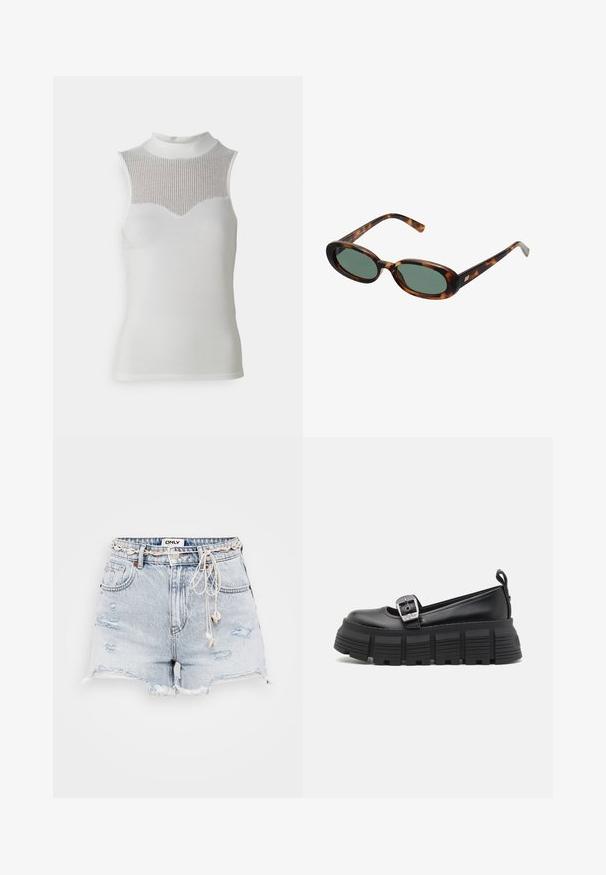 Top blanco sin mangas con cuello alto, que presenta un panel texturizado de canalé en el pecho y un cuerpo liso, creando una silueta ajustada.; Shorts de denim azul claro con dobladillo desflecado, detalles desgastados, cordón ajustable en beige y una etiqueta de marca en la cintura.; Mocasines de plataforma negros con punta redondeada, parte superior de cuero suave, hebilla ajustable y suela de goma texturizada con estrías horizontales.; Gafas de sol de carey con montura ovalada y lentes verdes. Presentan brazos delgados con un detalle metálico cerca de las bisagras.
