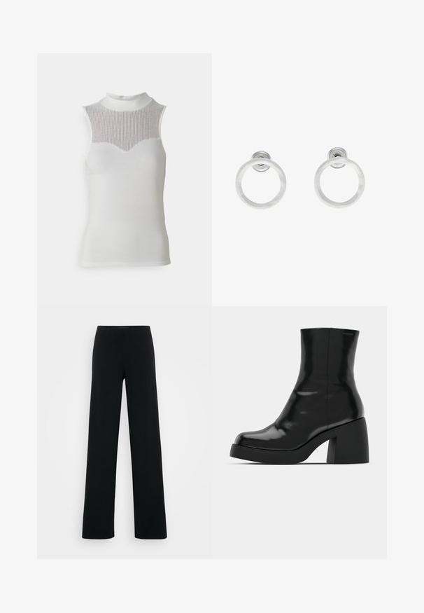 Bílý bezrukávový top s vysokým krkem, který má texturovanou žebrovanou panel na hrudi a hladké tělo, vytvářející přiléhavý siluetu.; Vero Moda Tall VMBERLIN ZAMIRA WIDE - Kalhoty - black; Černé kotníkové boty s lesklým povrchem, čtveratou špičkou a silným blokovým podpatkem. Design se vyznačuje bezproblémovým siluetu a minimálním brandingem.; Stříbrné kovové kruhové náušnice s broušenou texturní úpravou, s kulatým designem a průhledným záznamem pro bezpečné nošení.