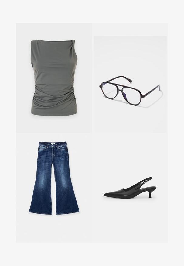 Sleeveless gray top with a draped neckline and gathered texture on one side, made from a smooth, stretch fabric.; RE/DONE BAGGY FLARE - Flared Jeans - monterey fade; Black leather slingback shoe with a pointed toe and a slim, curved heel. Features a discrete adjustable strap with a metal buckle.; Round, dark tortoiseshell glasses with clear lenses. Features slim plastic frames and a subtle hinge detail on the temples.