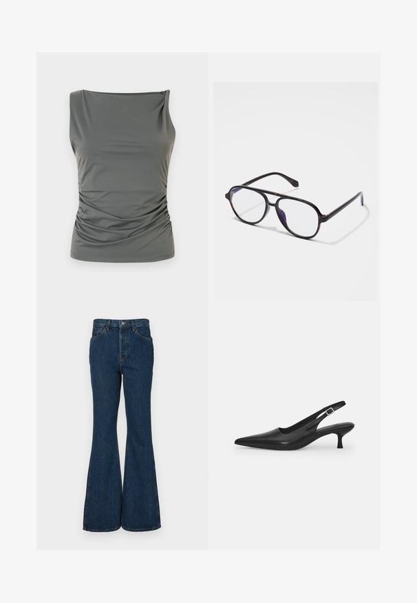 Mouwloos grijs topje met een gedrapeerde halslijn en geplooide textuur aan één zijde, gemaakt van een glad, rekbaar stof.; Donkerblauwe flared jeans van denim. Heeft een hoge taille, vijf zakken en contrasterende stiknaden. Soepele textuur en schone afwerking.; Zwarte leren slingback schoen met een puntige neus en een slanke, gebogen hak. Voorzien van een discrete verstelbare band met een metalen gesp.; Ronde, donkere tortoise brillen met heldere lenzen. Kenmerken zijn slanke kunststof monturen en een subtiele scharnierdetail op de slapen.
