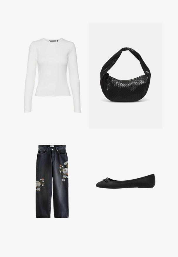 Cămașă albă cu mânecă lungă, dintr-un material ribbed, cu decolteu rotund și design ajustat. Fără modele sau accente vizibile.; Jeans din denim negre cu croială largă, prezentând broderii florale în nuanțe de albastru, alb și portocaliu pe ambele picioare, cu talie înaltă și design standard cu cinci buzunare.; Balerini din suede negru, cu vârf rotund, având o fundiță decorativă în față și un design cu talpă plată. Textură netedă și formă clasică.; Geantă din piele împletită neagră, cu o formă curbată, având un mâner gros și închidere cu fermoar. Suprafață texturată cu un finisaj lucios.