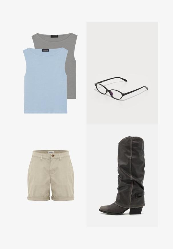 Dve majice brez rokavov v svetlo modri in sivi barvi. Narejene iz mehkega blaga z okroglim izrezom in ravnim robom. Oznaka vidna na obeh majicah.; Bež kratke hlače iz bombaža z valovitim robom, z sprednjo gumbno zaponko in šivanimi žepi. Gladka tekstura z minimalnimi podrobnostmi.; Sivi usnjeni škornji do meč, z ohlapnim dizajnom, koničastim nosom in plitkim podplatom. Opazna šivana detajla na področju prstov.; Črne plastične očala ovalne oblike, opremljena s prozornimi lečami in enim purpurnim poudarkom na levi leči. Elegantna, minimalistična zasnova.