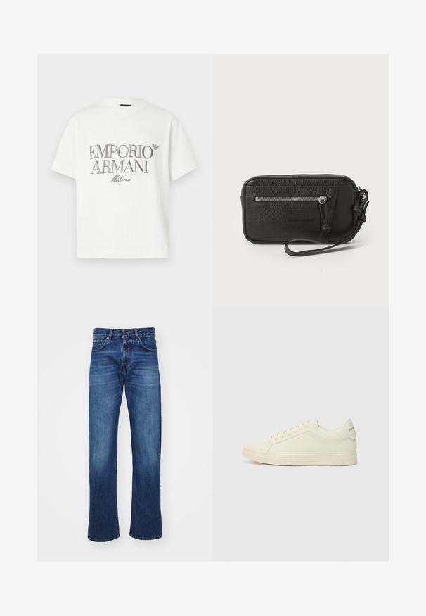 T-shirt branca de algodão com um grande logótipo cinzento "Emporio Armani Milano" na frente e um pequeno logótipo no lado superior esquerdo.; Jeans de ganga azul com um design de perna reta, apresentando bolsos frontais, passantes para cinto e um leve desbotamento ao longo das coxas. Textura de tecido resistente.; Sapatilhas brancas em couro com um design minimalista, parte superior texturizada e bico arredondado. Apresenta uma sola de borracha e uma marca discreta no calcanhar.; Clutch preta em pele com superfície texturizada, bolso frontal com fecho e strap de pulso destacável. Apresenta um logotipo na parte frontal. Forma retangular.