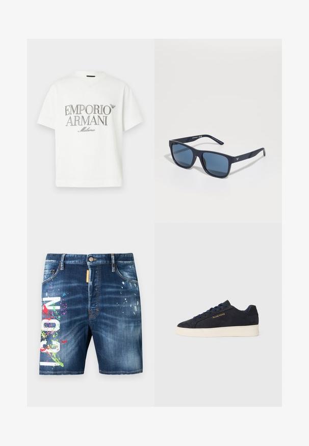 Wit katoenen t-shirt met een groot grijs "Emporio Armani Milano" logo aan de voorkant en een klein logo aan de linkerbovenkant.; Donkere denim shorts met een verweerde textuur, voorzien van meerkleurige verfspatten en gedurfde witte grafische letters aan de voorkant.; Navyblauwe suède lage sneakers met een witte zool, navy veters en het 'Filling Pieces' logo in goud op de zijkant.; Blauwe rechthoekige zonnebril met donkere lenzen, matte marineblauwe montuur, logo-detail op de slaap, rechte pootjes en een solide, gladde textuur.