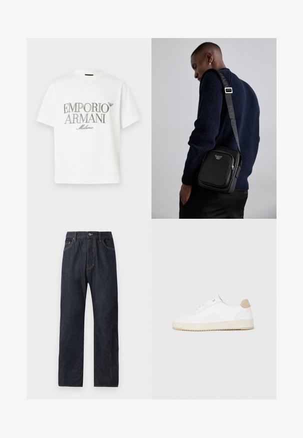 Vit bomulls-T-shirt med en stor grå "Emporio Armani Milano"-logotyp på framsidan och en liten logotyp på övre vänstra sidan.; Mörkblå denimjeans med rak benpassform, som har fem fickor, diskret sömnad och en knappstängning i midjan.; Vita låga sneakers med en texturerad läderöverdel, krämfärgad räfflad sula och en beige häldetalj. Har vita snören och logotypdetalj på hälen.; Svart läder crossbody-väska med ett zippered fack, logodetalj och en justerbar axelrem med märke. Bärs mot en strukturerad marinblå tröja.