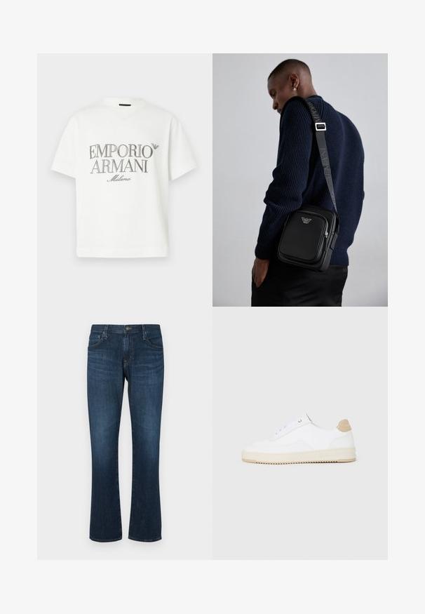 Hvit bomulls-T-skjorte med en stor grå "Emporio Armani Milano"-logo på forsiden og en liten logo på øvre venstre side.; Mørkeblå denimjeans med rett ben-design, fem lommer og metallknapp-lukking. Glatt tekstur med subtil falming.; Hvite lave sneakers med overdel i teksturert skinn, kremfarget såle med ribber og en brunt fargeklatt på hælen. Har hvite lisser og logodetalj på hælen.; Svart lær crossbody-veske med en glidelåslomme, logo-detalj og justerbar rem med merke. Båret mot en teksturert marineblå genser.