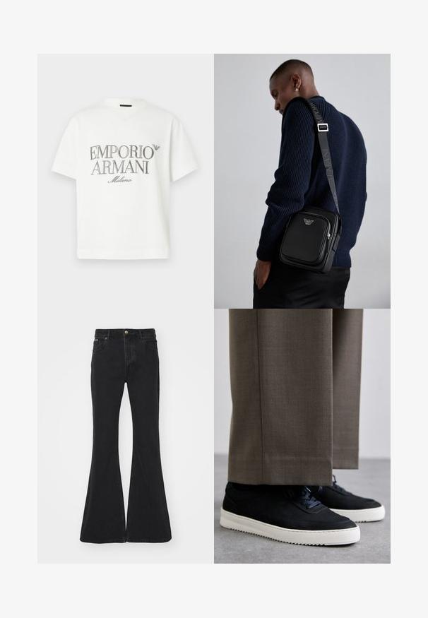 Hvit bomulls-T-skjorte med en stor grå "Emporio Armani Milano"-logo på forsiden og en liten logo på øvre venstre side.; EYTYS CYRUS RAVEN - Flared jeans - black; Svarte suedeglans sneakers med hvite gummisåler, med rund tå og lisser, iført grå skreddersydde bukser.; Svart lær crossbody-veske med en glidelåslomme, logo-detalj og justerbar rem med merke. Båret mot en teksturert marineblå genser.