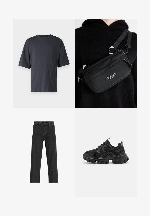 Dunkelgraues Kurzarm-T-Shirt aus leichtem Baumwollmaterial, mit lockerer Passform und klassischem Rundhalsausschnitt, in einfarbigem Design ohne Muster.; Schwarze Jeans aus Denim mit geradem Bein, ausgestattet mit einem Reißverschluss, Gürtelschlaufen und sechs Taschen, gefertigt aus einem robusten Baumwollmischgewebe.; Schwarzer Sportschuh mit strukturiertem Gummisohle, gestuften Designelementen und verstärkten Akzenten. Verfügt über Schnürsenkel und eine Schlaufe an der Ferse.; Schwarze Nylon-Crossbody-Tasche mit verstellbarem Gurt, ausgestattet mit einer glatten Textur, einer vorderen Reißverschlusstasche und einem Logo-Detail.