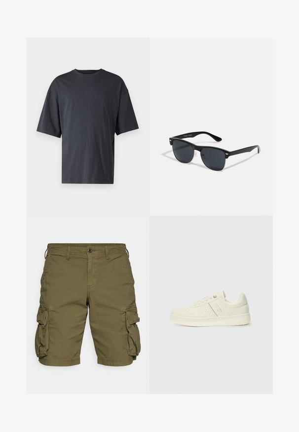 Tricou scurt din bumbac ușor, de culoare gri închis, cu un croi lejer și guler clasic la baza gâtului, având o textură simplă și fără modele.; GAP Pantaloni scurți - army jacket green; Adidași crem cu detalii perforate, șireturi și logo pe lateral, expuși pe un fundal alb simplu.; Ochelari de soare negri cu o formă rectangulară, lentile întunecate, accente argintii la tâmple și un finisaj mat pe cadru.
