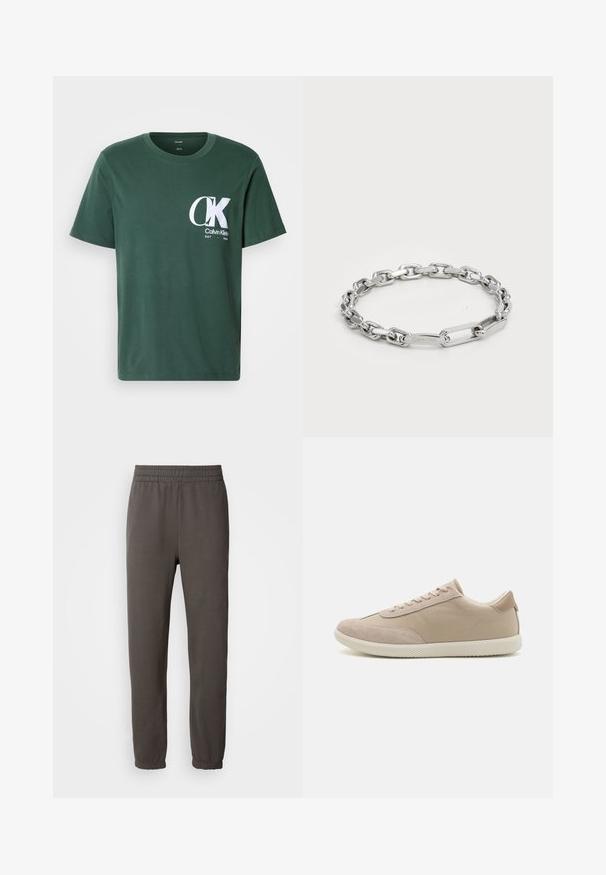 Zielona bawełniana koszulka z krótkim rękawem, okrągłym dekoltem, z dużym białym logo CK na piersi oraz napisem "Calvin Klein EST 1968".; Ciemnoszare spodnie dresowe z elastycznym pasem, zwężanymi nogawkami i żebrowanymi mankietami. Posiadają małe logo na udzie. Wykonane z miękkiego materiału.; Beżowe sneakersy wykonane z połączenia zamszu i materiału płóciennego, z sznurówkami, okrągłym noskiem, teksturowaną podeszwą oraz dyskretnym logo marki z boku.; Srebrna bransoletka łańcuszkowa z owalnymi i prostokątnymi ogniwami o gładkiej powierzchni. Wygrawerowane logo Calvin Klein na płaskim ogniwie.