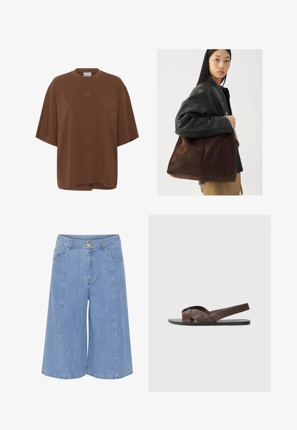 Brūns pārāk liels īsām piedurknēm T-krekls ar apaļu kakla izgriezumu un mazu logotipa izšuvumu centrā krūtīs.; Gai zila džinsu kulote ar brīvu piegriezumu, ar sānu pogu aizdari, jostu cilpām un sānu kabatām. Rakstaina auduma ar redzamajām šuvēm.; Brūni ādas sandales ar krustveida siksnas dizainu, plakanu melnu zoli un regulējamu aizmugurējo siksnu. Gluda tekstūra un minimālas aparatūras detaļas.; Brūns zamša toleta soma ar plašu formu un mīkstu tekstūru, ar vienu siksniņu un minimālu aparatūru uz neitrāla fona.