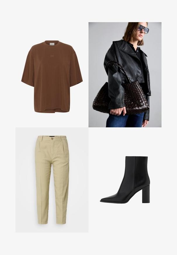 Brun oversized kortärmad T-shirt med rund hals och liten logotypbroderi centrerad på bröstet.; Beige bomullbyxor med en avslappnad passform, med framfickor, knäppning och sidfickor, designade med avsmalnande ben.; Svart läderankelboot med spetsig tå, fyrkantig klack, slät yta och sömnadsdetaljer längs sömmarna. Klacken mäter cirka 8,9 cm.; DRAGON DIFFUSION SANTA CROCE BIG - Handväska - dark brown