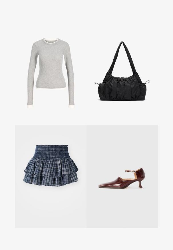 Camisa cinza de mangas longas com decote redondo, apresentando um ribateado branco no decote e nos punhos. Feita de um tecido suave e texturizado.; Saia pregueada azul marinho com folhos, equipada com uma cintura elástica franzida, apresentando camadas com padrões brancos em grelha e um acabamento texturizado.; Sapatilha de couro verniz bordeaux com bico fino, tira no tornozelo e salto afunilado de 5 cm. Textura suave e design minimalista.; Mala de tecido preto com textura franzida, duas alças de ombro e fecho de cordão nas laterais. Material suave e leve.
