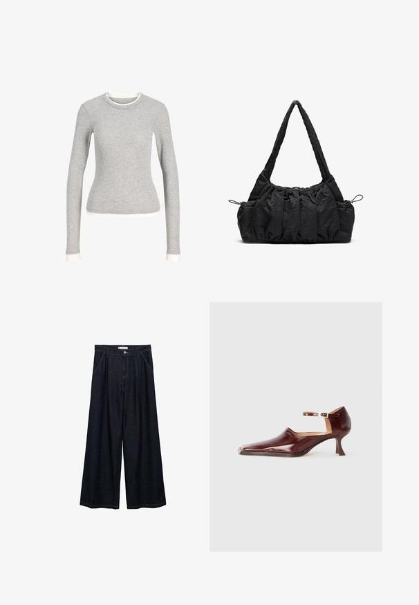 Sivi dolgih rokavov s krožnim ovratnikom, ki ima bel rob na ovratniku in manšetah. Narejen iz mehkega, teksturiranega materiala.; Temno jeans hlače širšega kroja z visokim pasom, ki imajo sprednje zapiranje na gumb, dve stranski žepu in detajle v šivanju.; Burgundska lakirana čevlja s ostrim nosom, trakovi okoli gležnja in 5 cm koničastim petam. Gladka tekstura in minimalistična zasnova.; Črna tkanina torbica z nabranim teksturo, dvema naramnicama in zategovanjem na straneh. Gladek, lahkoten material.