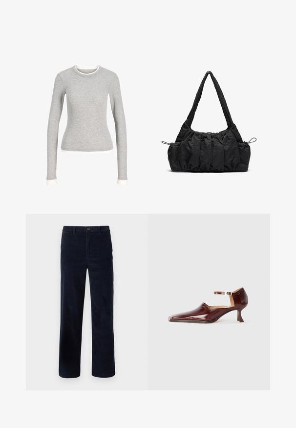 Maglietta grigia a maniche lunghe con colletto rotondo, caratterizzata da un bordo bianco attorno al colletto e ai polsini. Realizzata in morbido tessuto testurizzato.; Pantaloni in corduroy blu navy con gambe dritte, caratterizzati da una chiusura con bottone e un tessuto testurizzato. Nessun motivo o accento visibile.; Scarpa in pelle verniciata bordeaux con punta affusolata, cinturino alla caviglia e tacco affusolato di 5 cm. Texture liscia e design minimalista.; Borsa a tracolla in tessuto nero con texture arricciata, due manici e chiusura a coulisse sui lati. Materiale liscio e leggero.