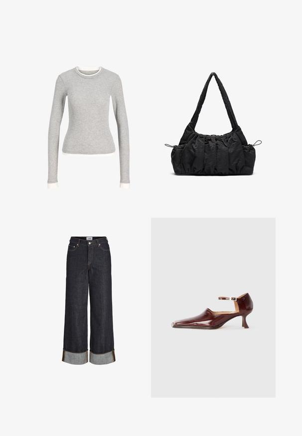 Siva košulja dugih rukava s okruglim izrezom, s bijelim detaljima na izrezu i manžetama. Izrađena od mekog, teksturiranog materijala.; Tamno plave široke traperice s visokim strukom, rukavi okrenuti s kontrastnom plavom tkaninom i detaljima narančastog šivanja.; Cipele od burgundske lakirane kože s izduženim vrhom, remenom oko gležnja i stabilnom potpeticom od 5 cm. Glatka tekstura i minimalistički dizajn.; Crna torba od tkanine s naboranom teksturom, dva remena za nositi na ramenu i kaišem za zatvaranje sa strane. Glatki, lagani materijal.