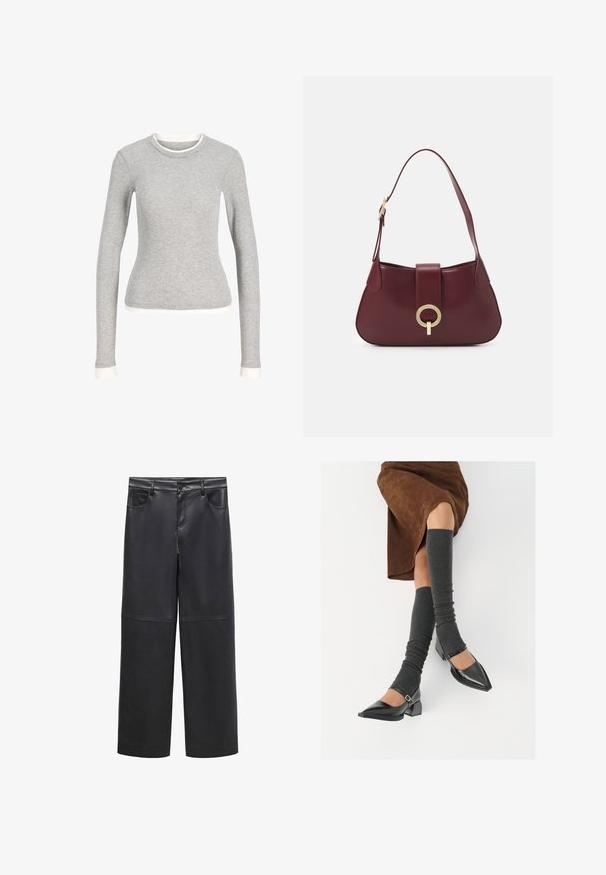 Gray long-sleeve shirt with a round neck, featuring a white trim at the neckline and cuffs. Made of soft, textured fabric.; Black faux leather wide-leg trousers with belt loops, four pockets, and a smooth texture. Features a clean, minimalist design.; Black patent leather pointed-toe shoes with a block heel and ankle strap, paired with gray ribbed leg warmers and a brown suede skirt.; Burgundy leather handbag with a curved shape, a gold circular hardware accent, and a single shoulder strap. Smooth texture, minimalist design.