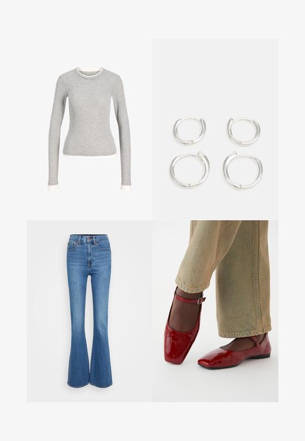 Harmaa pitkähihainen paita, jossa on pyöreä kaula-aukko, valkoisella reunuksella kaula-aukossa ja hihoissa. Valmistettu pehmeästä, teksturoidusta kankaasta.; Farkut, joissa on leveä lahje ja korkea vyötärö, ommellut taskut, metallinappi ja sileä rakenne. Klassinen viiden taskun malli.; Punaiset lakatut nahkakengät, joissa on neliömäinen kärki, matala korko ja nilkkahihna, yhdistettynä vaaleanvihreisiin leveisiin farkkuihin. Sujuva rakenne, heijastava pinta.; Hope hopea, joissa on sileä ja kiillotettu pinta. Kaksi paria, joissa on hieman eri koko. Yksinkertainen, pyöreä muotoilu, kevyt.