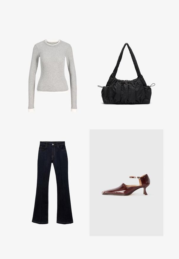 Gray long-sleeve shirt with a round neck, featuring a white trim at the neckline and cuffs. Made of soft, textured fabric.; Dark blue flared jeans with five pockets, stitched detailing, a front button closure, and a smooth denim texture.; Burgundy patent leather shoe with a pointed toe, ankle strap, and a 5 cm tapered heel. Smooth texture and minimalistic design.; Black fabric handbag with gathered texture, two shoulder straps, and drawstring closure on sides. Smooth, lightweight material.