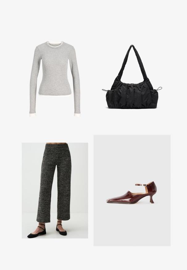 Gray long-sleeve shirt with a round neck, featuring a white trim at the neckline and cuffs. Made of soft, textured fabric.; Wide-leg, knitted trousers in a black and white pattern. Features a high waist and ribbed texture. Paired with black flat shoes.; Burgundy patent leather shoe with a pointed toe, ankle strap, and a 5 cm tapered heel. Smooth texture and minimalistic design.; Black fabric handbag with gathered texture, two shoulder straps, and drawstring closure on sides. Smooth, lightweight material.