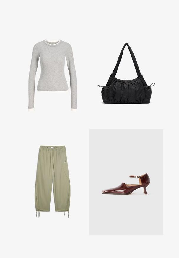 Harmaa pitkähihainen paita, jossa on pyöreä kaula-aukko, valkoisella reunuksella kaula-aukossa ja hihoissa. Valmistettu pehmeästä, teksturoidusta kankaasta.; Housut vaaleanoliivinvihreästä kevyestä kankaasta, joissa on joustava vyötärö ja säädettävät lahkeensuukkeet, sekä pieni musta logo sivulla.; Burgundiin lakattu nahkakenkä, jossa on terävä kärki, nilkkaremmi ja 5 cm:n kapeneva korko. Sujuva pinta ja minimalistinen muotoilu.; Musta kangaskassi, jossa on rypistetty pinta, kaksi olkahihnaa ja narukiristys sivuilla. Sileä, kevyt materiaali.