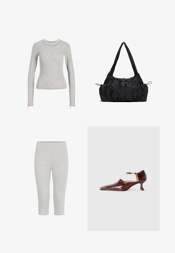 Harmaa pitkähihainen paita, jossa on pyöreä kaula-aukko, valkoisella reunuksella kaula-aukossa ja hihoissa. Valmistettu pehmeästä, teksturoidusta kankaasta.; Harmaat joustavat capri-legginssit, joissa on sileä pinta ja joustava vyötärö, tarjoavat tiukan istuvuuden ilman näkyviä kuvioita tai yksityiskohtia.; Burgundiin lakattu nahkakenkä, jossa on terävä kärki, nilkkaremmi ja 5 cm:n kapeneva korko. Sujuva pinta ja minimalistinen muotoilu.; Musta kangaskassi, jossa on rypistetty pinta, kaksi olkahihnaa ja narukiristys sivuilla. Sileä, kevyt materiaali.