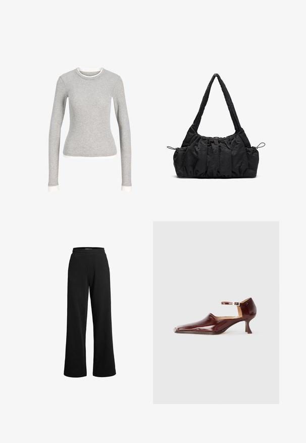 Cămașă gri cu mânecă lungă, cu guler rotund, având o margine albă la decolteu și la manșete. Fabricată dintr-un material moale și texturat.; Pantaloni sport negri cu picior larg, fabricați dintr-un material moale. Au un talie elastică și cusături minime pentru confort.; Pantof burgundiu din piele lăcuită, cu vârf ascuțit, curea la gleznă și toc conic de 5 cm. Textură netedă și design minimalist.; Geantă de mână din țesătură neagră cu textură pliată, două curele de umăr și închidere cu șnur pe laterale. Material neted și ușor.