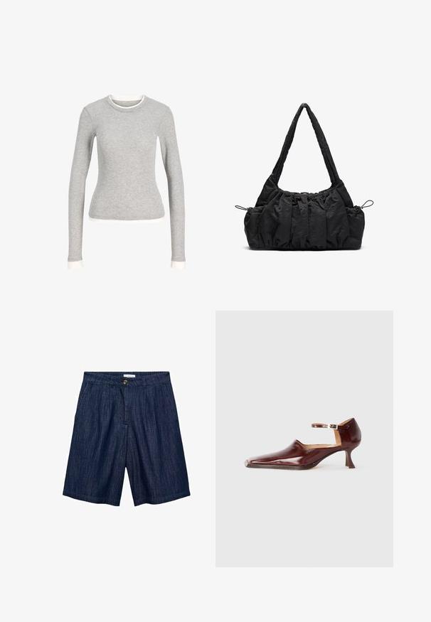 Gray long-sleeve shirt with a round neck, featuring a white trim at the neckline and cuffs. Made of soft, textured fabric.; Dark blue denim shorts with a straight cut, front pleats, a button closure, and two side pockets. Smooth texture with subtle stitching.; Burgundy patent leather shoe with a pointed toe, ankle strap, and a 5 cm tapered heel. Smooth texture and minimalistic design.; Black fabric handbag with gathered texture, two shoulder straps, and drawstring closure on sides. Smooth, lightweight material.