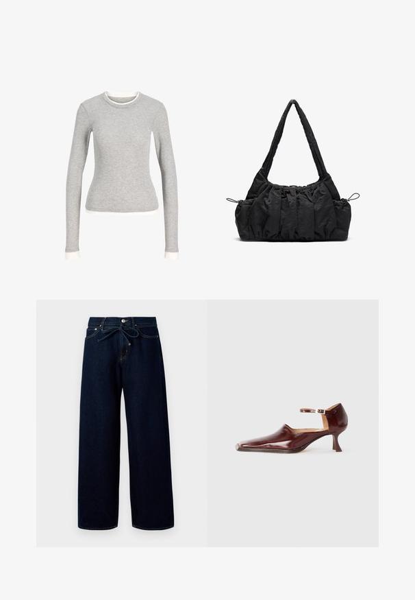 Šedá dlouhá košile s kulatým výstřihem, zdobená bílým lemem kolem výstřihu a na manžetách. Vyrobena z měkké, texturované látky.; Tmavě modré široké denimové džíny s předním zapínáním na knoflík a stahovací šňůrkou v pase, s kontrastním prošíváním.; Burgundské lakované boty s špičatou špičkou, kotníkovým pásem a 5 cm zúženým podpatkem. Hladký povrch a minimalistický design.; Černá látková kabelka se skládáním, dvěma ramenními popruhy a stahovacími šňůrkami po stranách. Hladký, lehký materiál.