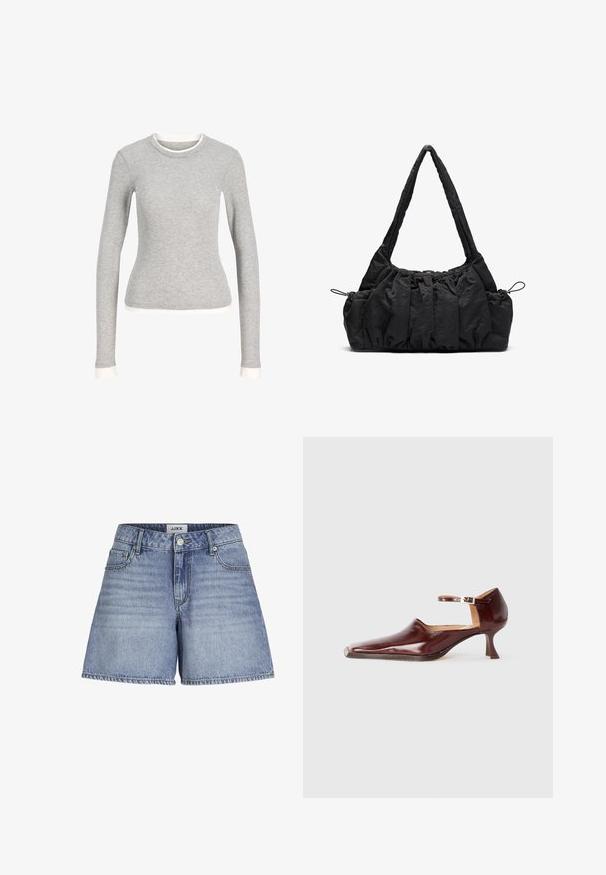 Grå langermet skjorte med rund hals, med hvit kanting ved halsen og ermelinningene. Laget av myk, textured stoff.; Lys blå denimshorts med høy midje, fem lommer, og rett snitt med frynset kant. Merket beltebeslag synlig.; Burgunderfarget patent lær sko med spiss tå, ankelreim og 5 cm avsmalnende hæl. Glatt tekstur og minimalistisk design.; Svart stoffhåndveske med rynket tekstur, to skulderstropper og snøring på sidene. Glatt, lett materiale.