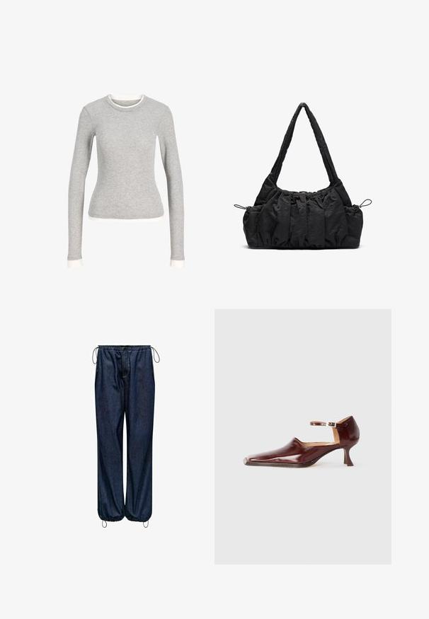 Siva košulja dugih rukava s okruglim izrezom, s bijelim detaljima na izrezu i manžetama. Izrađena od mekog, teksturiranog materijala.; Traperice tamnoplave boje s elastičnim pojasom, vanjskom vezicom, bočnim džepovima i suženim dnom s podesivim vezicama.; Cipele od burgundske lakirane kože s izduženim vrhom, remenom oko gležnja i stabilnom potpeticom od 5 cm. Glatka tekstura i minimalistički dizajn.; Crna torba od tkanine s naboranom teksturom, dva remena za nositi na ramenu i kaišem za zatvaranje sa strane. Glatki, lagani materijal.