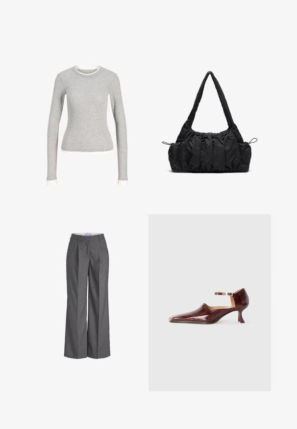 Grå langærmet skjorte med rund hals, der har en hvid kant ved halsen og håndleddene. Lavet af blødt, tekstureret stof.; Grå brede benbukser lavet af et tekstureret stof, med flad front og pyntede folder samt en standard livvidde, ideelle til formelt tøj.; Bordeaux laklæder sko med spids tå, ankelrem og en 5 cm skrå hæl. Glat tekstur og minimalistisk design.; Sort stof handbag med samlede strukturer, to skulderremme og snorelukning i siderne. Glat, let materiale.