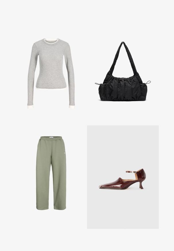 Gray long-sleeve shirt with a round neck, featuring a white trim at the neckline and cuffs. Made of soft, textured fabric.; Olive green sweatpants made of soft cotton blend fabric, featuring an elastic waistband, loose fit, and minimalistic design with a small logo.; Burgundy patent leather shoe with a pointed toe, ankle strap, and a 5 cm tapered heel. Smooth texture and minimalistic design.; Black fabric handbag with gathered texture, two shoulder straps, and drawstring closure on sides. Smooth, lightweight material.