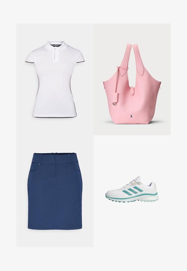 Camisa polo branca de manga curta, com colarinho e botonadura frontal. Detalhes pretos nas mangas e costuras laterais. Textura suave e lisa.; Saia azul de ganga com corte reto, apresentando uma cintura plana, bolsos frontais e textura suave. Sem padrões ou embellishments visíveis.; Tênis atléticos brancos com detalhes em teal. Apresenta três riscas teal na lateral e uma sola branca acolchoada, adequada para desporto.; Bolsa tote de couro rosa com superfície texturizada, apresentando duas alças alongadas e uma pequena etiqueta destacável. Logotipo posicionado na parte inferior.